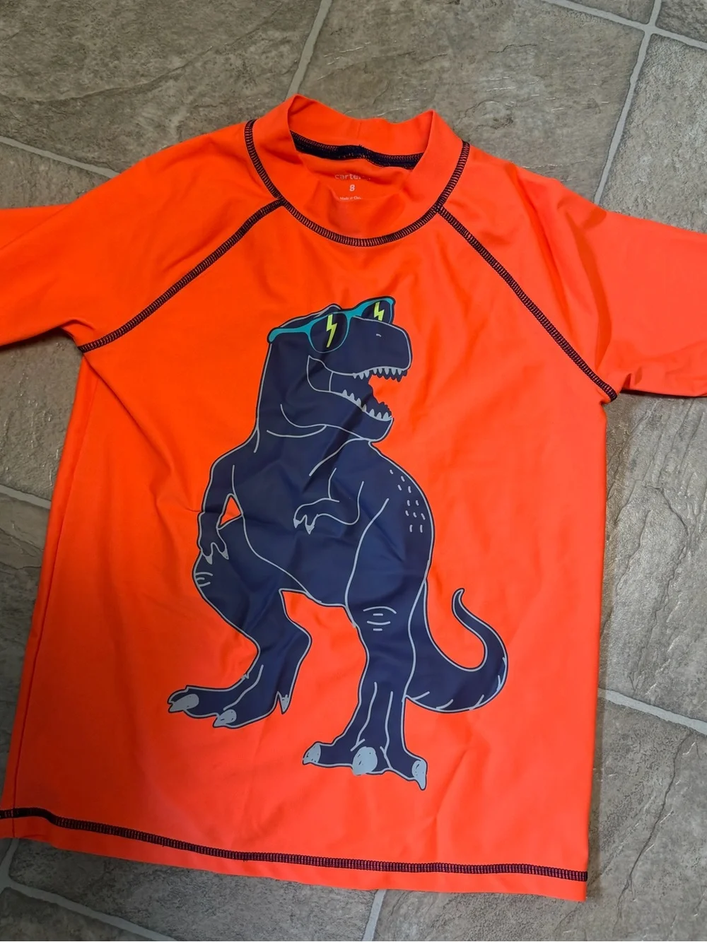 Carter's Bright Orange Kids Rash Guard with Navy Dino Graphic